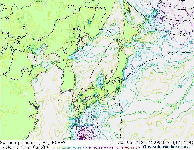 Isotachs (kph) ECMWF Qui 30.05.2024 12 UTC