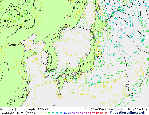 Isotachs (mph) ECMWF sab 25.05.2024 06 UTC