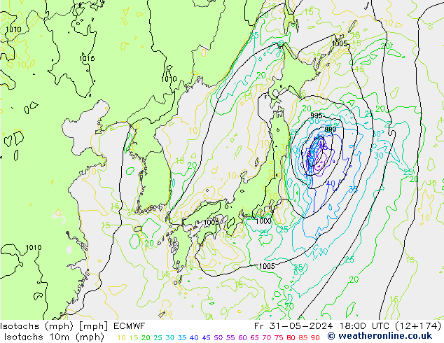 Isotachen (mph) ECMWF vr 31.05.2024 18 UTC