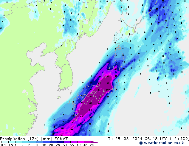 Totale neerslag (12h) ECMWF di 28.05.2024 18 UTC