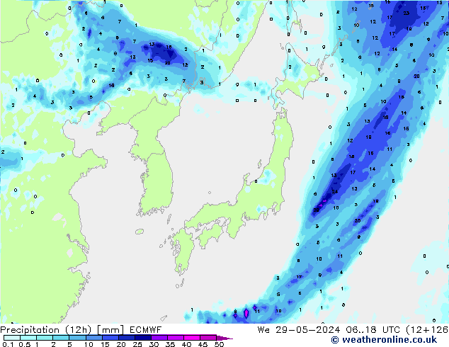 Totale neerslag (12h) ECMWF wo 29.05.2024 18 UTC