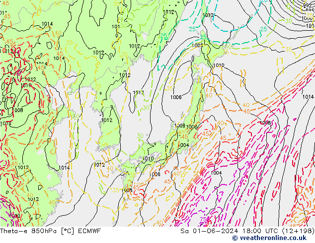 Theta-e 850hPa ECMWF Sa 01.06.2024 18 UTC