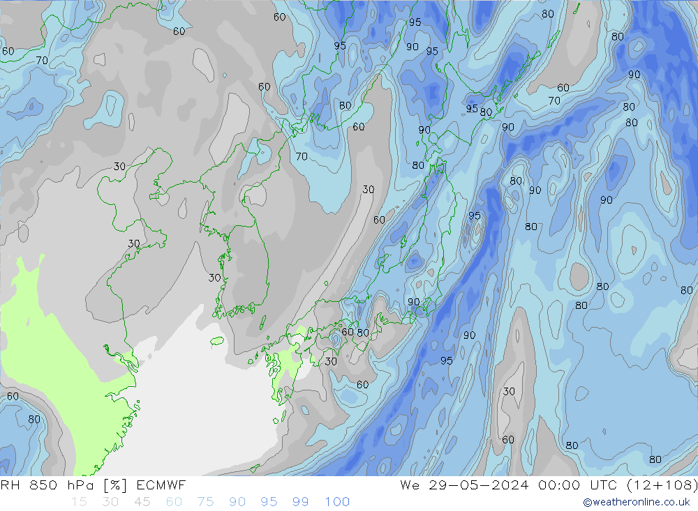 RH 850 гПа ECMWF ср 29.05.2024 00 UTC