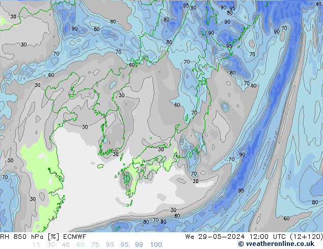 RH 850 hPa ECMWF mer 29.05.2024 12 UTC