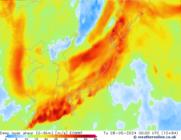 Deep layer shear (0-6km) ECMWF Tu 28.05.2024 00 UTC