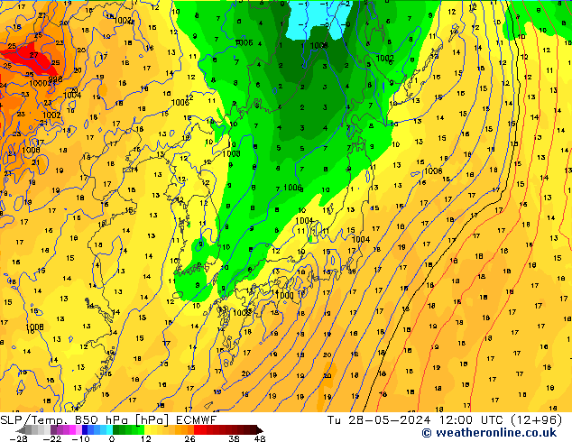 SLP/Temp. 850 hPa ECMWF di 28.05.2024 12 UTC