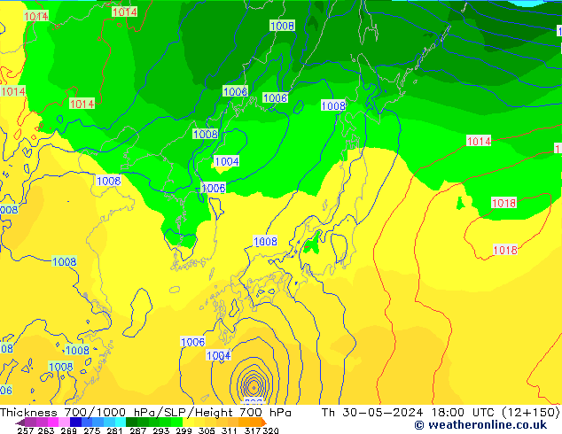 Thck 700-1000 hPa ECMWF Čt 30.05.2024 18 UTC