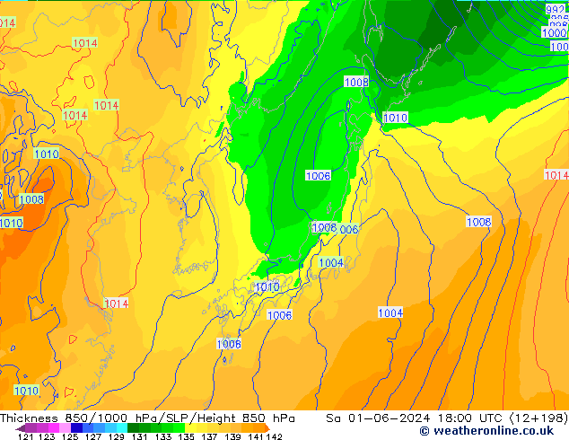 Thck 850-1000 гПа ECMWF сб 01.06.2024 18 UTC