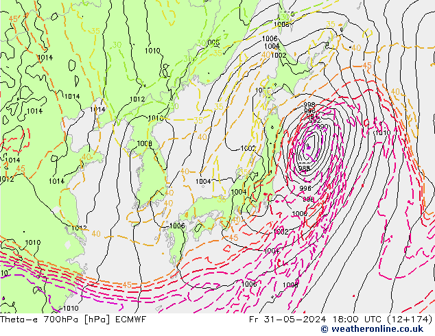 Theta-e 700hPa ECMWF Fr 31.05.2024 18 UTC