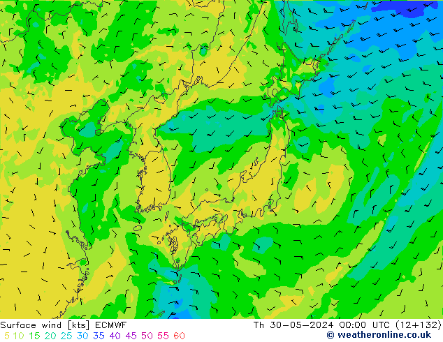 Vento 10 m ECMWF gio 30.05.2024 00 UTC