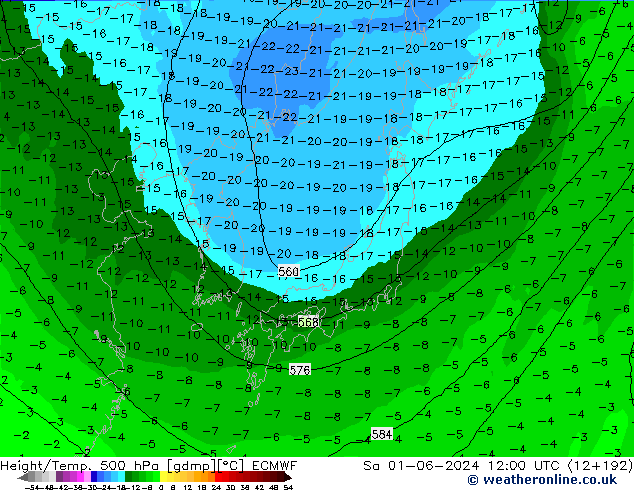 Hoogte/Temp. 500 hPa ECMWF za 01.06.2024 12 UTC