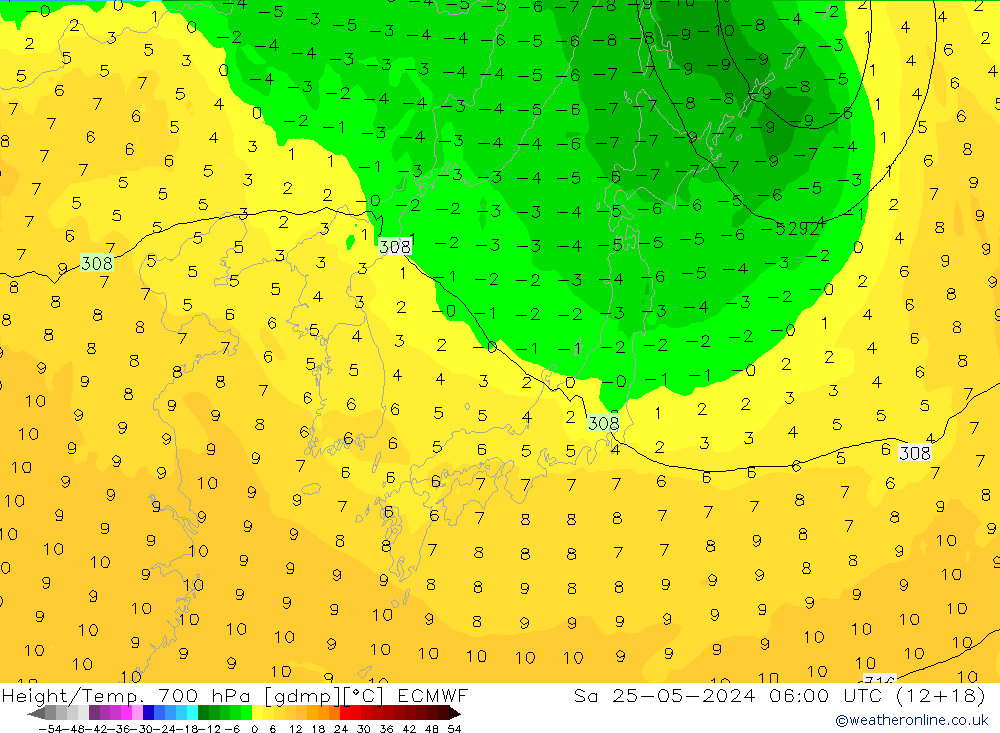 Height/Temp. 700 hPa ECMWF sab 25.05.2024 06 UTC