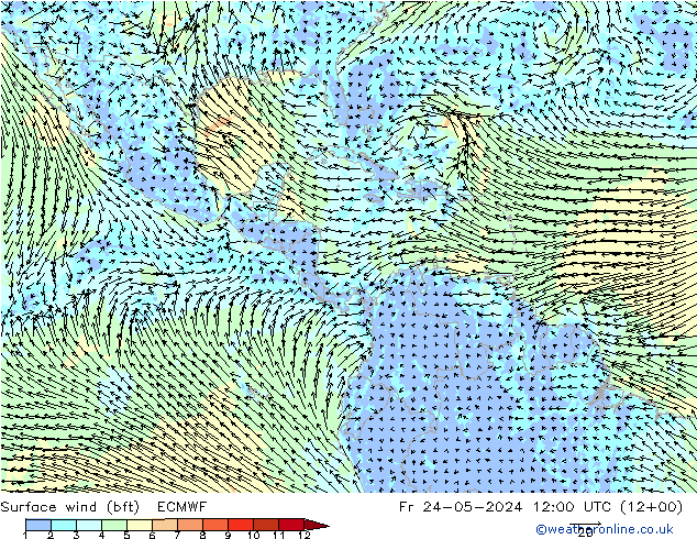 Rüzgar 10 m (bft) ECMWF Cu 24.05.2024 12 UTC