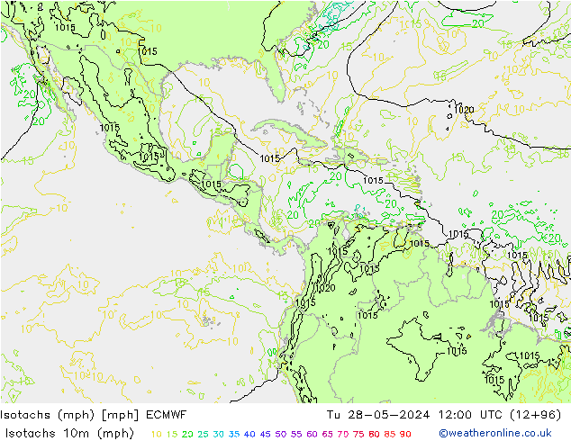 Isotachs (mph) ECMWF Út 28.05.2024 12 UTC