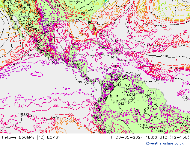 Theta-e 850hPa ECMWF jue 30.05.2024 18 UTC