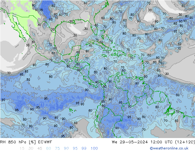 RH 850 hPa ECMWF mer 29.05.2024 12 UTC