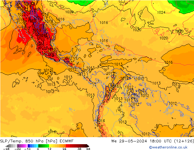 SLP/Temp. 850 hPa ECMWF Qua 29.05.2024 18 UTC