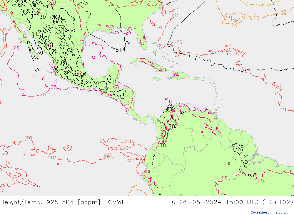 Height/Temp. 925 hPa ECMWF Út 28.05.2024 18 UTC