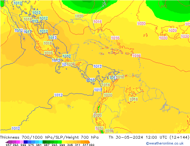 Espesor 700-1000 hPa ECMWF jue 30.05.2024 12 UTC