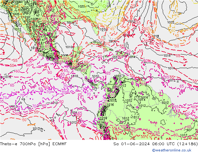 Theta-e 700hPa ECMWF Sa 01.06.2024 06 UTC