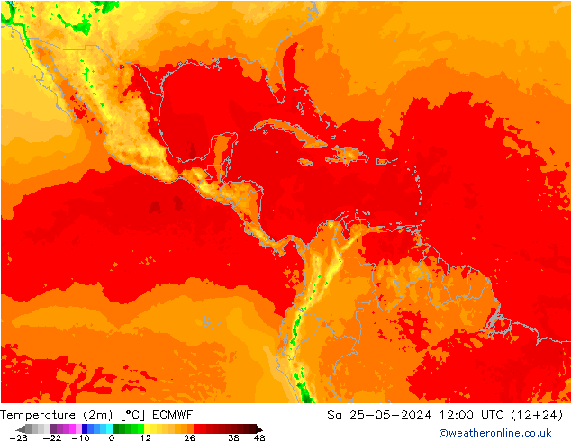 mapa temperatury (2m) ECMWF so. 25.05.2024 12 UTC