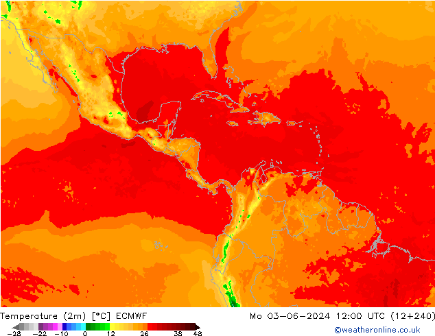 Temperatuurkaart (2m) ECMWF ma 03.06.2024 12 UTC