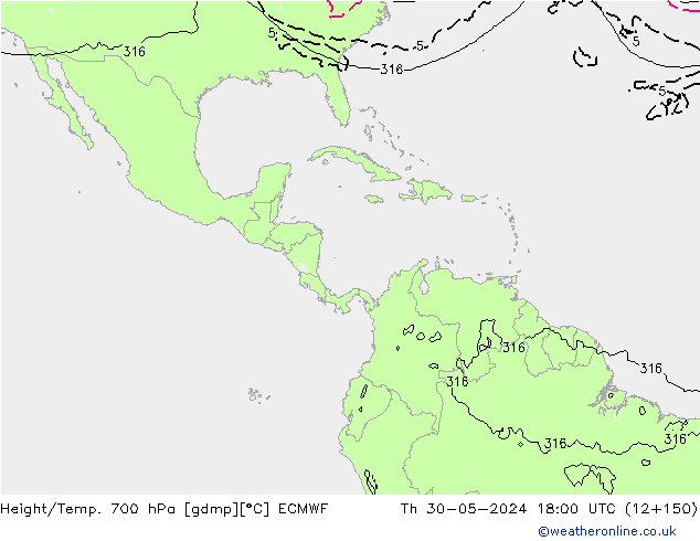 Height/Temp. 700 hPa ECMWF Th 30.05.2024 18 UTC