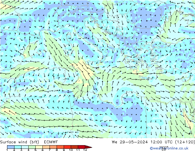 Vent 10 m (bft) ECMWF mer 29.05.2024 12 UTC