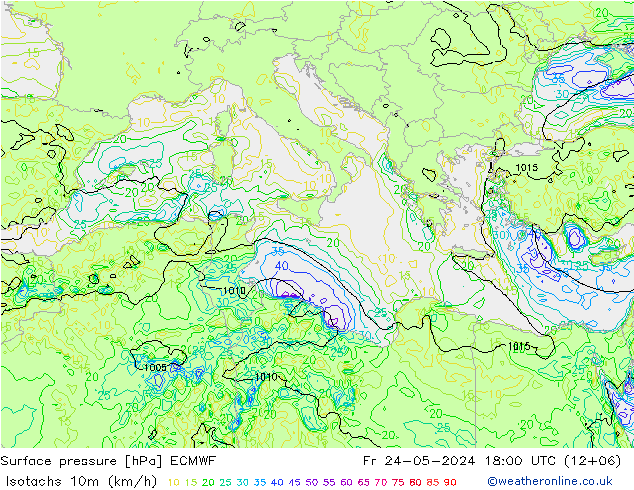 Isotachs (kph) ECMWF Fr 24.05.2024 18 UTC