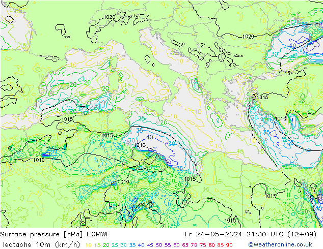 Isotachs (kph) ECMWF  24.05.2024 21 UTC