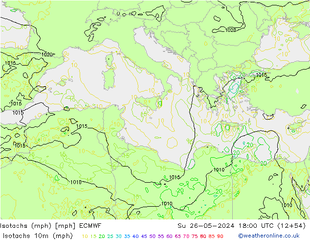 Isotachen (mph) ECMWF zo 26.05.2024 18 UTC