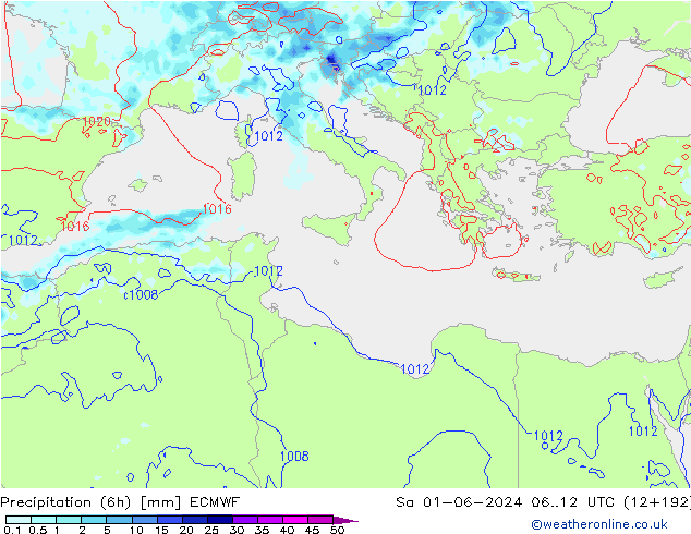 Totale neerslag (6h) ECMWF za 01.06.2024 12 UTC