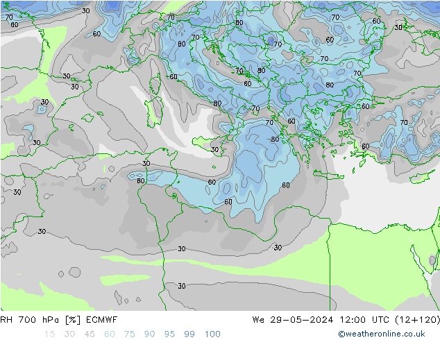 Humidité rel. 700 hPa ECMWF mer 29.05.2024 12 UTC