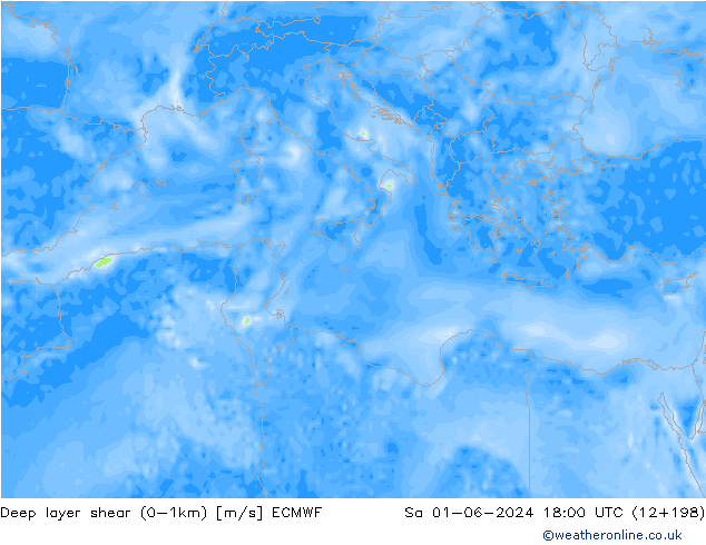 Deep layer shear (0-1km) ECMWF za 01.06.2024 18 UTC