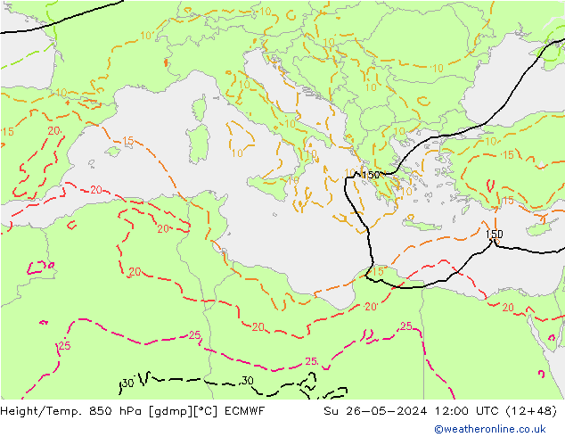 Z500/Rain (+SLP)/Z850 ECMWF Su 26.05.2024 12 UTC