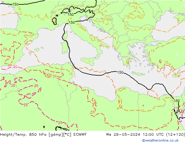 Géop./Temp. 850 hPa ECMWF mer 29.05.2024 12 UTC