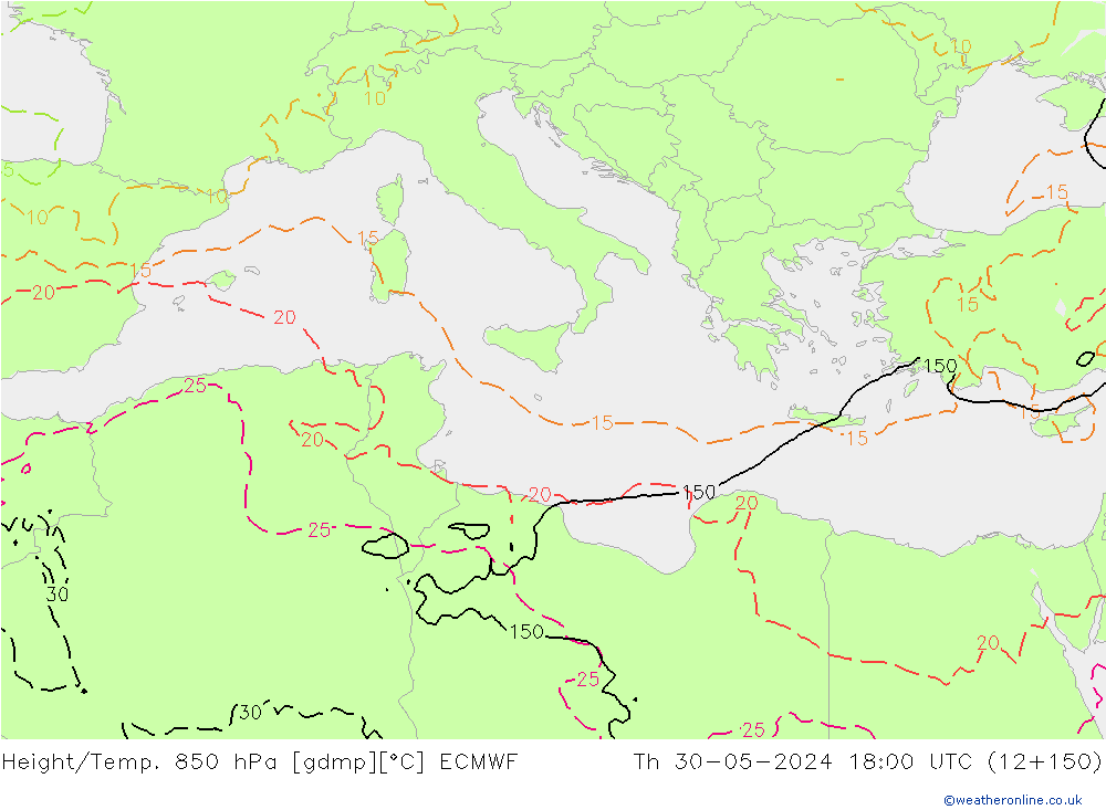 Hoogte/Temp. 850 hPa ECMWF do 30.05.2024 18 UTC