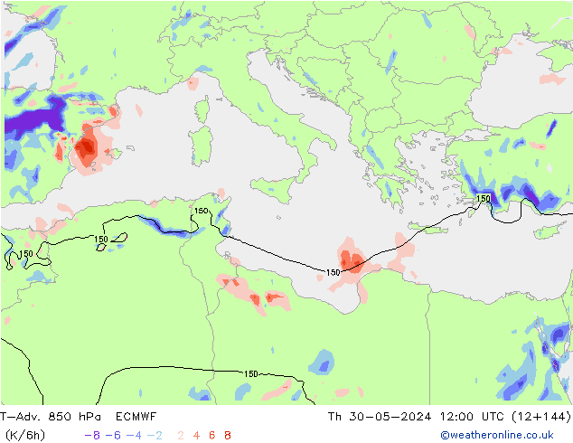 T-Adv. 850 гПа ECMWF чт 30.05.2024 12 UTC