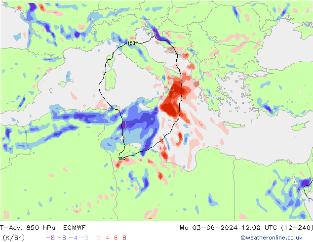 T-Adv. 850 hPa ECMWF Mo 03.06.2024 12 UTC