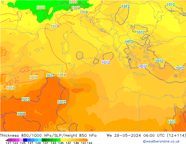 Thck 850-1000 hPa ECMWF mer 29.05.2024 06 UTC