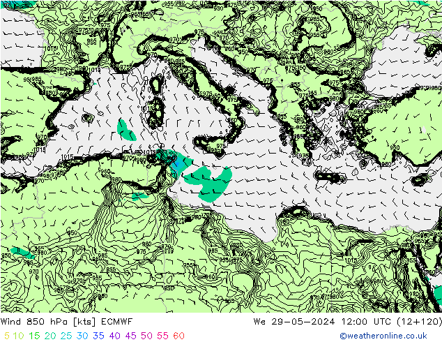 ветер 850 гПа ECMWF ср 29.05.2024 12 UTC