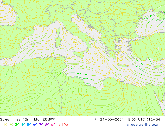 Streamlines 10m ECMWF Pá 24.05.2024 18 UTC