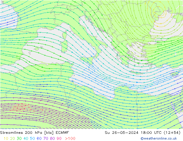 Línea de corriente 200 hPa ECMWF dom 26.05.2024 18 UTC