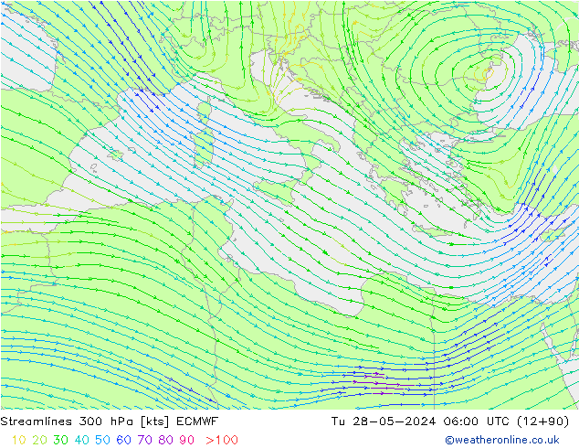 Streamlines 300 hPa ECMWF Tu 28.05.2024 06 UTC