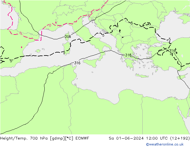 Height/Temp. 700 hPa ECMWF  01.06.2024 12 UTC