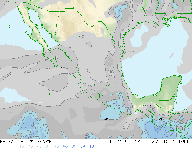 Humedad rel. 700hPa ECMWF vie 24.05.2024 18 UTC