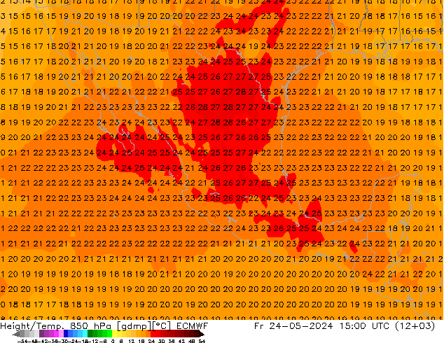 Geop./Temp. 850 hPa ECMWF vie 24.05.2024 15 UTC