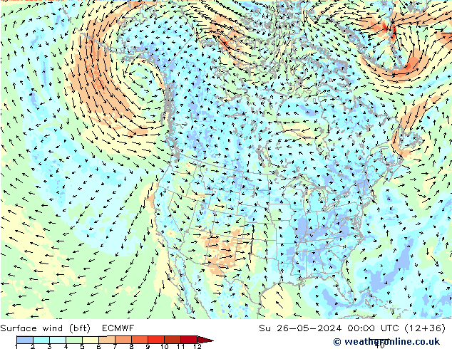 wiatr 10 m (bft) ECMWF nie. 26.05.2024 00 UTC