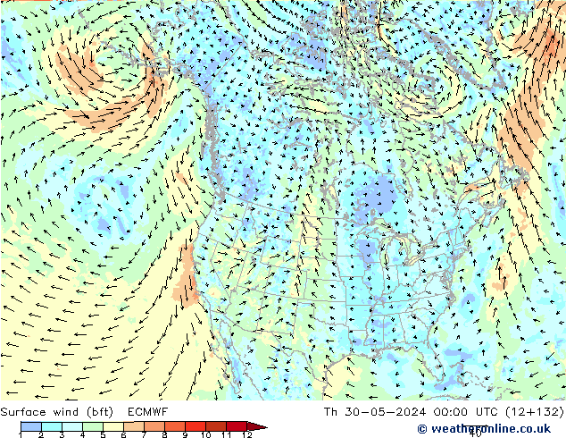 Surface wind (bft) ECMWF Čt 30.05.2024 00 UTC