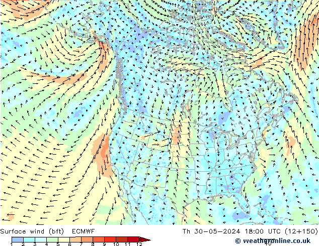 ве�Bе�@ 10 m (bft) ECMWF чт 30.05.2024 18 UTC